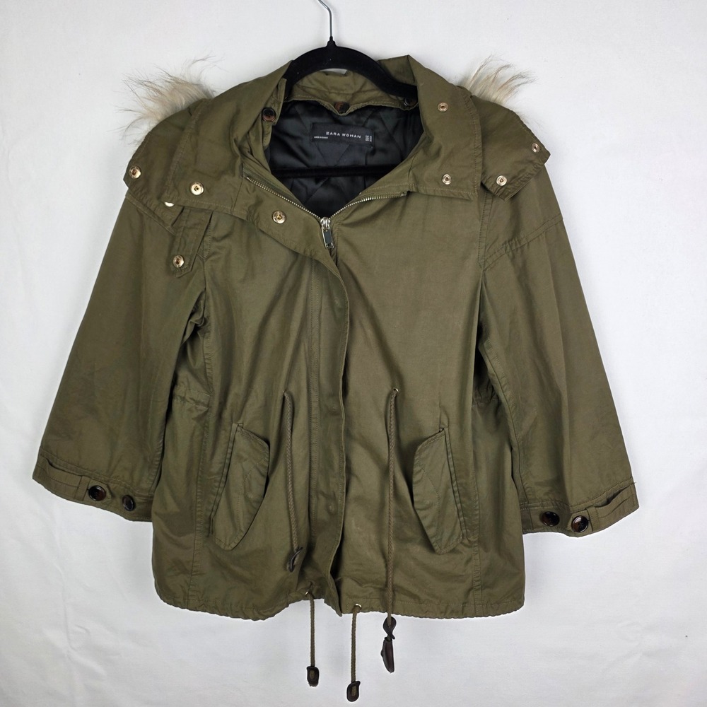 Zara Woman Olive Green Utility‎ Parka Jacket Faux Fur Hood Removable Liner XS